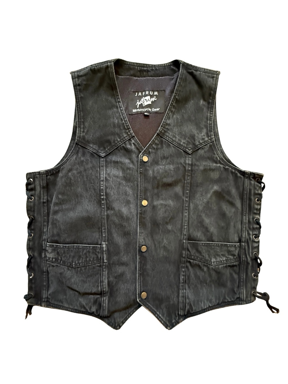 Jafrum Motorcycle Gear XL Men Black Denim Side Lace Snap Biker Moto Utility Vest